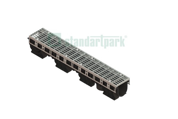 Лоток водоотводный PolyMax Drive DN100 h155 пластиковый с решеткой ячеистой ОС кл.А (комплект), рис. 1